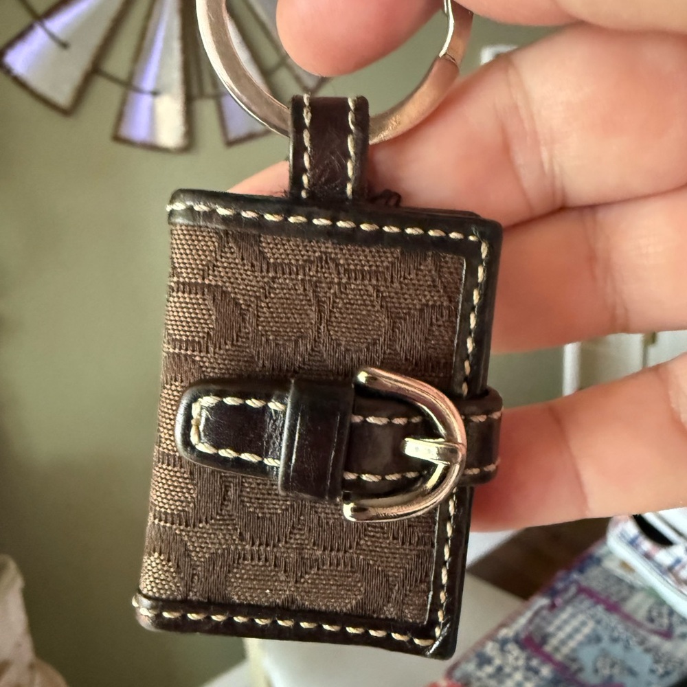 Coach Brown Fabric & Dark Brown Leather Mini Key Holder with Buckle